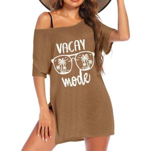 Ekouaer Women’s Swimsuit Beach Cover Up Short Sleeve Cover Ups for Swimwear Bathing Suit Coverups S-XXXL(Brown Coconut Tree & Letter)