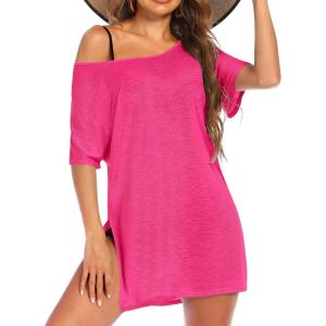 Ekouaer Women’s Swimsuit Beach Cover Up Short Sleeve Cover Ups for Swimwear Bathing Suit Coverups S-XXXL(Hot Pink)