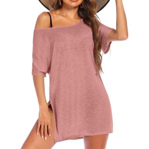 Ekouaer Women’s Swimsuit Beach Cover Up Short Sleeve Cover Ups for Swimwear Bathing Suit Coverups S-XXXL(Purplish Red)