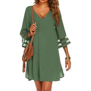 Ekouaer Women’s Swimsuit Cover Up 3/4 Bell Sleeve Beachwear Coverups Deep V-Neck Bikini Beach Dress S-3XL(C Army Green)