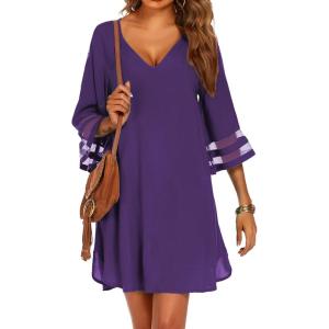 Ekouaer Women’s Swimsuit Cover Up 3/4 Bell Sleeve Beachwear Coverups Deep V-Neck Bikini Beach Dress S-3XL(Deep Purple)