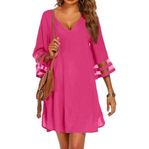 Ekouaer Women’s Swimsuit Cover Up 3/4 Bell Sleeve Beachwear Coverups Deep V-Neck Bikini Beach Dress S-3XL(Hot Pink)