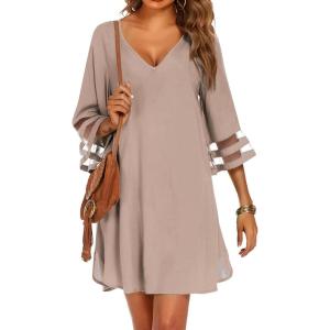 Ekouaer Women’s Swimsuit Cover Up 3/4 Bell Sleeve Beachwear Coverups Deep V-Neck Bikini Beach Dress S-3XL(Khaki)
