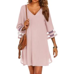 Ekouaer Women’s Swimsuit Cover Up 3/4 Bell Sleeve Beachwear Coverups Deep V-Neck Bikini Beach Dress S-3XL(Misty Rose)