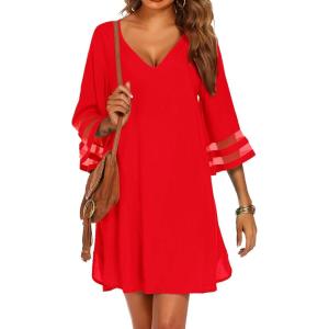 Ekouaer Women’s Swimsuit Cover Up 3/4 Bell Sleeve Beachwear Coverups Deep V-Neck Bikini Beach Dress S-3XL(Red)