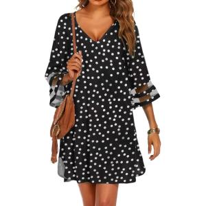 Ekouaer Women’s Swimsuit Cover Up 3/4 Bell Sleeve Beachwear Coverups Deep V-Neck Bikini Beach Dress S-3XL(Y White Dots)