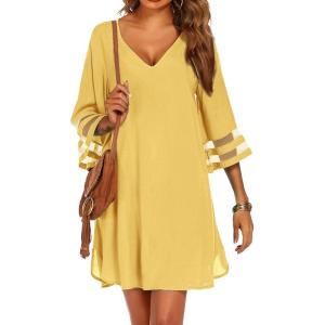 Ekouaer Women’s Swimsuit Cover Up 3/4 Bell Sleeve Beachwear Coverups Deep V-Neck Bikini Beach Dress S-3XL(Yellow)