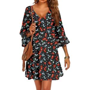 Ekouaer Women’s Swimsuit Cover Up 3/4 Bell Sleeve Beachwear Coverups Deep V-Neck Bikini Beach Dress S-3XL(Z Black Cherry)