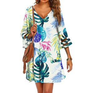 Ekouaer Women’s Swimsuit Cover Up 3/4 Bell Sleeve Beachwear Coverups Deep V-Neck Bikini Beach Dress S-3XL(Z Colorful Leaves)