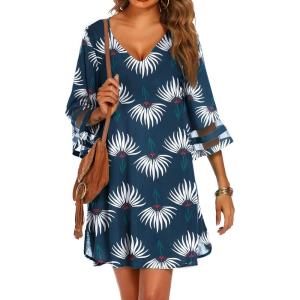 Ekouaer Women’s Swimsuit Cover Up 3/4 Bell Sleeve Beachwear Coverups Deep V-Neck Bikini Beach Dress S-3XL(Z Dusty Blue Floral Print)