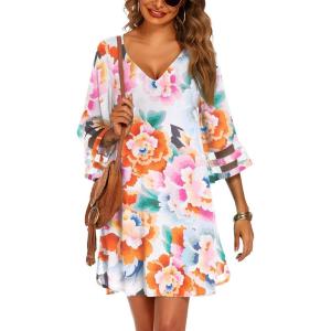 Ekouaer Women’s Swimsuit Cover Up 3/4 Bell Sleeve Beachwear Coverups Deep V-Neck Bikini Beach Dress S-3XL(Z Floral Rhythm)