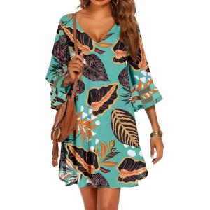 Ekouaer Women’s Swimsuit Cover Up 3/4 Bell Sleeve Beachwear Coverups Deep V-Neck Bikini Beach Dress S-3XL(Z Green Tropical Print)