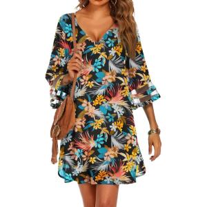 Ekouaer Women’s Swimsuit Cover Up 3/4 Bell Sleeve Beachwear Coverups Deep V-Neck Bikini Beach Dress S-3XL(Z Tropical Plumeria Print)