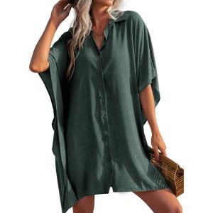 Ekouaer Women’s Swimsuit Cover Up 3/4 Sleeve Beachwear Bikini Coverups Button Down Oversized Cover Up Shirt S-3XL(Army Green)