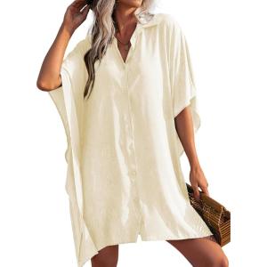 Ekouaer Women’s Swimsuit Cover Up 3/4 Sleeve Beachwear Bikini Coverups Button Down Oversized Cover Up Shirt S-3XL(Beige)