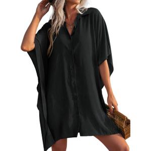 Ekouaer Women’s Swimsuit Cover Up 3/4 Sleeve Beachwear Bikini Coverups Button Down Oversized Cover Up Shirt S-3XL(Black)
