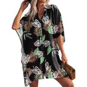 Ekouaer Women’s Swimsuit Cover Up 3/4 Sleeve Beachwear Bikini Coverups Button Down Oversized Cover Up Shirt S-3XL(Black Colorful Leaf)