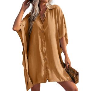Ekouaer Women’s Swimsuit Cover Up 3/4 Sleeve Beachwear Bikini Coverups Button Down Oversized Cover Up Shirt S-3XL(Camel)