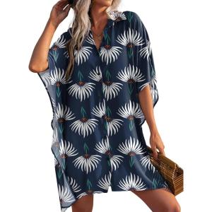 Ekouaer Women’s Swimsuit Cover Up 3/4 Sleeve Beachwear Bikini Coverups Button Down Oversized Cover Up Shirt S-3XL(Green White Floral)