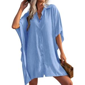 Ekouaer Women’s Swimsuit Cover Up 3/4 Sleeve Beachwear Bikini Coverups Button Down Oversized Cover Up Shirt S-3XL(Light Blue)