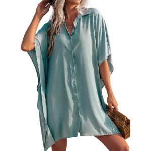 Ekouaer Women’s Swimsuit Cover Up 3/4 Sleeve Beachwear Bikini Coverups Button Down Oversized Cover Up Shirt S-3XL(Light Green)