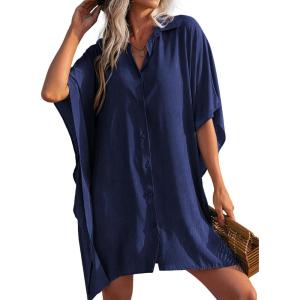 Ekouaer Women’s Swimsuit Cover Up 3/4 Sleeve Beachwear Bikini Coverups Button Down Oversized Cover Up Shirt S-3XL(Navy Blue)
