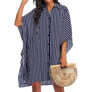 Ekouaer Women’s Swimsuit Cover Up 3/4 Sleeve Beachwear Bikini Coverups Button Down Oversized Cover Up Shirt S-3XL(Navy Blue Stripe)