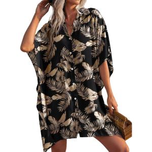 Ekouaer Women’s Swimsuit Cover Up 3/4 Sleeve Beachwear Bikini Coverups Button Down Oversized Cover Up Shirt S-3XL(Pat4-leaf)