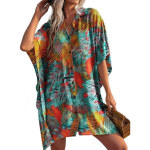 Ekouaer Women’s Swimsuit Cover Up 3/4 Sleeve Beachwear Bikini Coverups Button Down Oversized Cover Up Shirt S-3XL(Pat5-leaf)