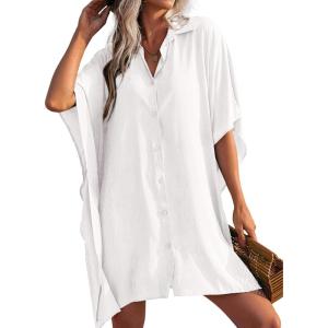 Ekouaer Women’s Swimsuit Cover Up 3/4 Sleeve Beachwear Bikini Coverups Button Down Oversized Cover Up Shirt S-3XL(White)