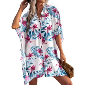 Ekouaer Women’s Swimsuit Cover Up 3/4 Sleeve Beachwear Bikini Coverups Button Down Oversized Cover Up Shirt S-3XL(White Red Floral)