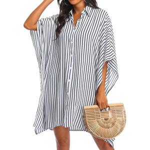 Ekouaer Women’s Swimsuit Cover Up 3/4 Sleeve Beachwear Bikini Coverups Button Down Oversized Cover Up Shirt S-3XL(White Stripe)