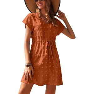 Ekouaer Womens Swimsuit Cover Up Swiss Dots Chiffon Bikini Beachwear Flowy Pom Pom Coverups(A-caramel)