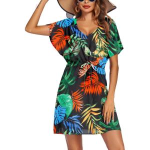 Ekouaer Womens Swimsuit Coverup Short Sleeve Beach Cover Up Dress V Neck Bikini Beachwear(Black Leaf-01)