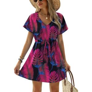 Ekouaer Womens Swimsuit Coverup Short Sleeve Beach Cover Up Dress V Neck Bikini Beachwear(Black Palm Leaf-01)