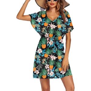 Ekouaer Womens Swimsuit Coverup Short Sleeve Beach Cover Up Dress V Neck Bikini Beachwear(Black Pineapples-01)