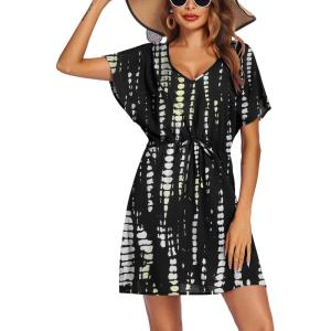 Ekouaer Womens Swimsuit Coverup Short Sleeve Beach Cover Up Dress V Neck Bikini Beachwear(Black Tie Dye-01)