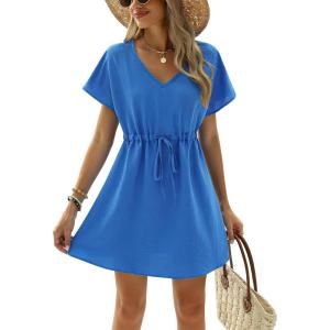 Ekouaer Womens Swimsuit Coverup Short Sleeve Beach Cover Up Dress V Neck Bikini Beachwear(Blue2-01)