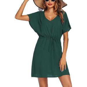 Ekouaer Womens Swimsuit Coverup Short Sleeve Beach Cover Up Dress V Neck Bikini Beachwear(Dark Green2-01)