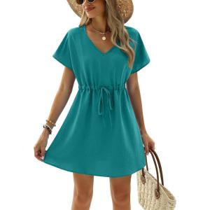 Ekouaer Womens Swimsuit Coverup Short Sleeve Beach Cover Up Dress V Neck Bikini Beachwear(Dark Peacock Blue2-01)
