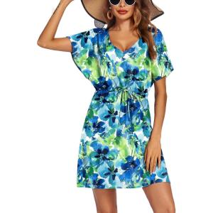 Ekouaer Womens Swimsuit Coverup Short Sleeve Beach Cover Up Dress V Neck Bikini Beachwear(Green Watercolor Flowers-01)