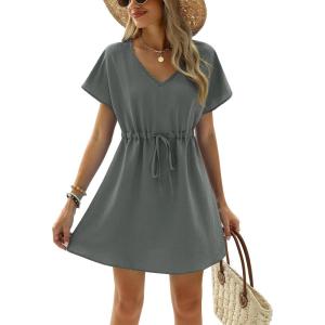 Ekouaer Womens Swimsuit Coverup Short Sleeve Beach Cover Up Dress V Neck Bikini Beachwear(Grey2-01)