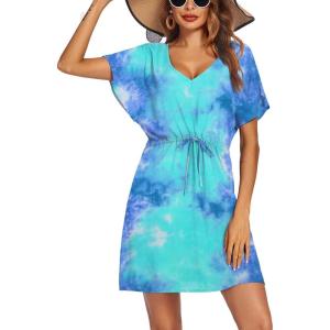 Ekouaer Womens Swimsuit Coverup Short Sleeve Beach Cover Up Dress V Neck Bikini Beachwear(Marine Tie Dye-01)