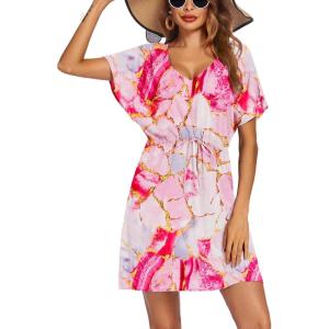 Ekouaer Womens Swimsuit Coverup Short Sleeve Beach Cover Up Dress V Neck Bikini Beachwear(Pink Stitching Print)