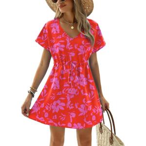Ekouaer Womens Swimsuit Coverup Short Sleeve Beach Cover Up Dress V Neck Bikini Beachwear(Red Floral-01)