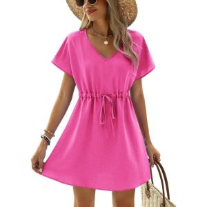 Ekouaer Womens Swimsuit Coverup Short Sleeve Beach Cover Up Dress V Neck Bikini Beachwear(Rose Red)