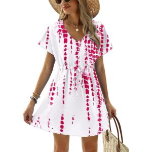 Ekouaer Womens Swimsuit Coverup Short Sleeve Beach Cover Up Dress V Neck Bikini Beachwear(Rose Tie Dye-01)