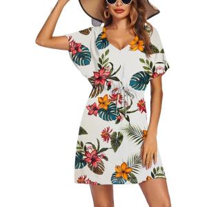 Ekouaer Womens Swimsuit Coverup Short Sleeve Beach Cover Up Dress V Neck Bikini Beachwear(White Leaf-01)