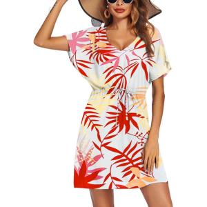 Ekouaer Womens Swimsuit Coverup Short Sleeve Beach Cover Up Dress V Neck Bikini Beachwear(White Red Leaf-01)
