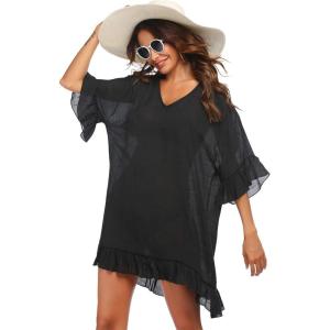 Ekouaer Womens Swimsuit Coverup V Neck Bathing Suit Beach Dress Sexy Ruffle Sleeves Bikini Cover Up Loose Top XS-3XL(01 Black)